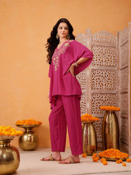 QAZMI - Parvin Kashmiri Zari Work Bright Pink Kaftan with Pant