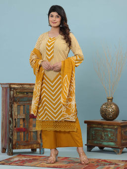 Sindh Fashion - Mustard Semi Cotton Printed Kurta with Palazzo and Dupatta