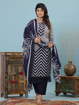 Sindh Fashion - Navy Blue Semi Cotton Printed Kurta with Palazzo and Dupatta
