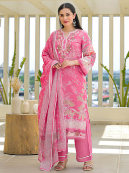 Sindh Fashion - Pink Semi Cotton Embroidered Kurta with Pant and Dupatta