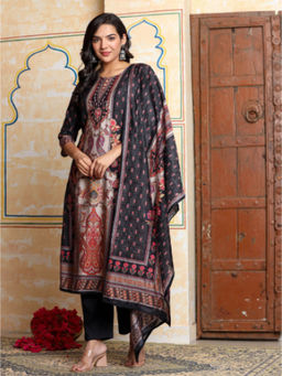 Sindh Fashion - Black Semi Cotton Printed Kurta with Pant and Dupatta