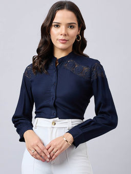 Style Quotient - Women Solid Full Sleeve Shirt with Lace Insert Details