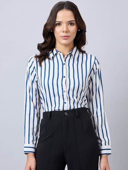 Style Quotient - Women Navy and Off White Stripe Polyester Regular Fit Formal Shirt