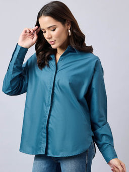 Style Quotient - Women Solid Blue Smart Casual Oversized Polycotton Shirt