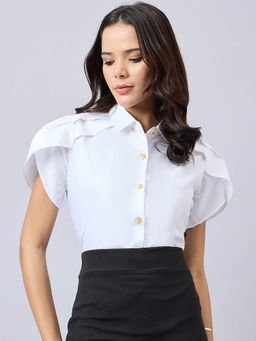 Style Quotient - Women Solid White Polycotton Tulip Sleeve Shirt
