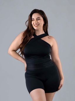 Keepfit - Black Solid/Plain Sleeveless Swimsuit