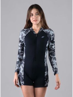 Keepfit - Black Printed Full Sleeves Swimsuit