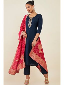 Soch - Women Navy Blue Blended Fabric Embroidered Suit (Set of 3)