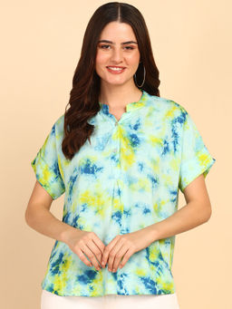 Maaesa - Hand Tie Dyed Turquoise Top for Women