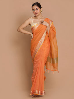 Indethnic - Banarasi Orange Woven Design Daily Wear Saree With Unstitched Blouse