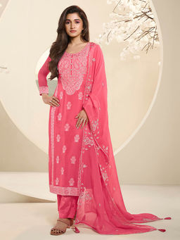 Seerat - Pink Thread Weave Kurta with Trousers and Dupatta (Set of 3)
