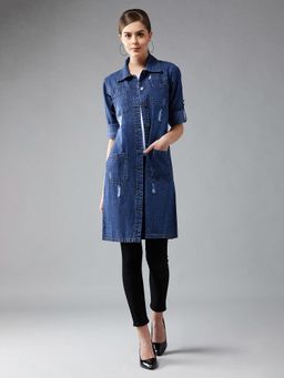 DOLCE CRUDO - Womens Navy Blue Patch Pocket Denim Knee Length Jacket