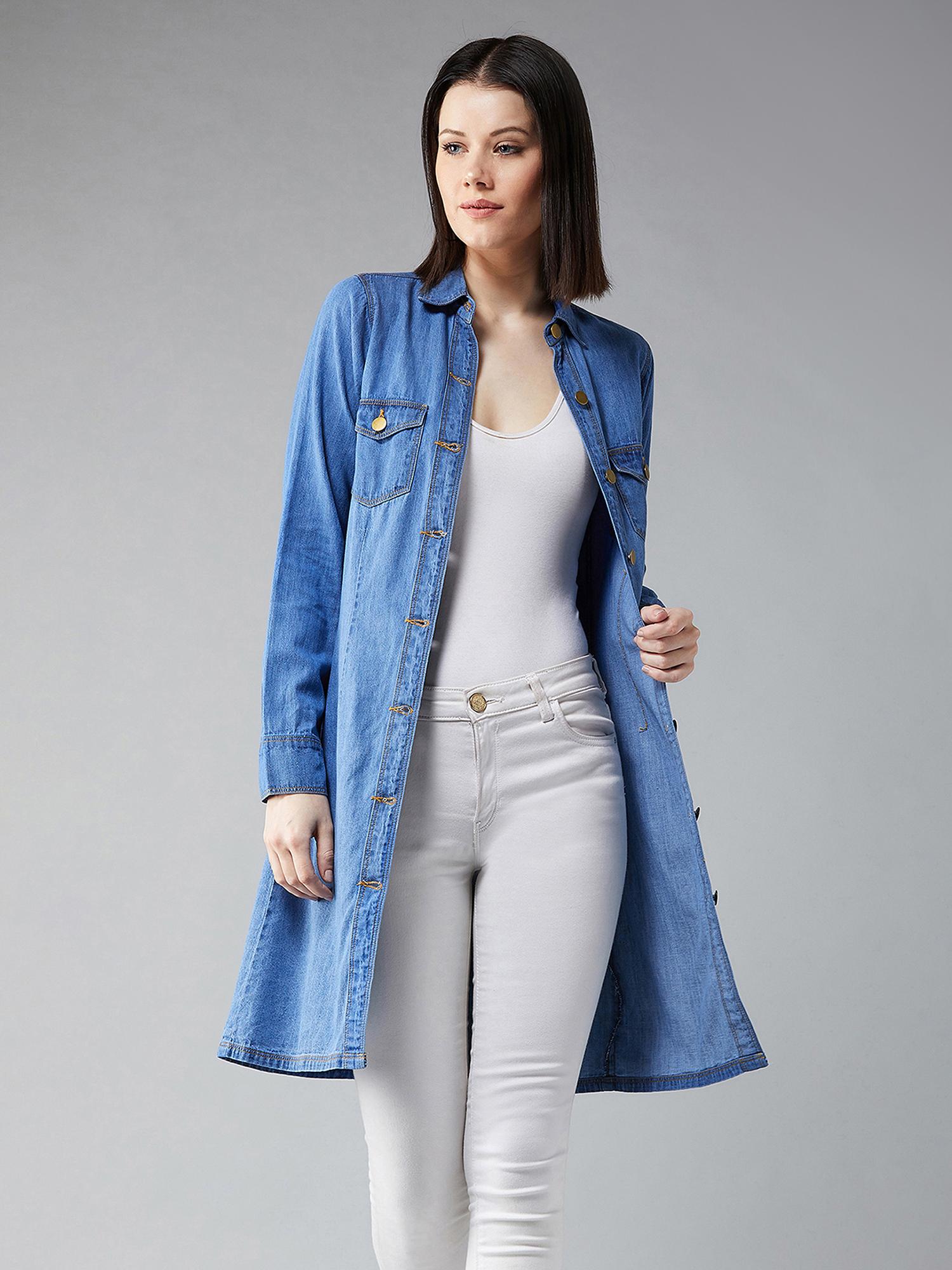 dolce crudo Womens Blue Polo Neck Full Sleeves Denim Knee Long Jacket-picture-30