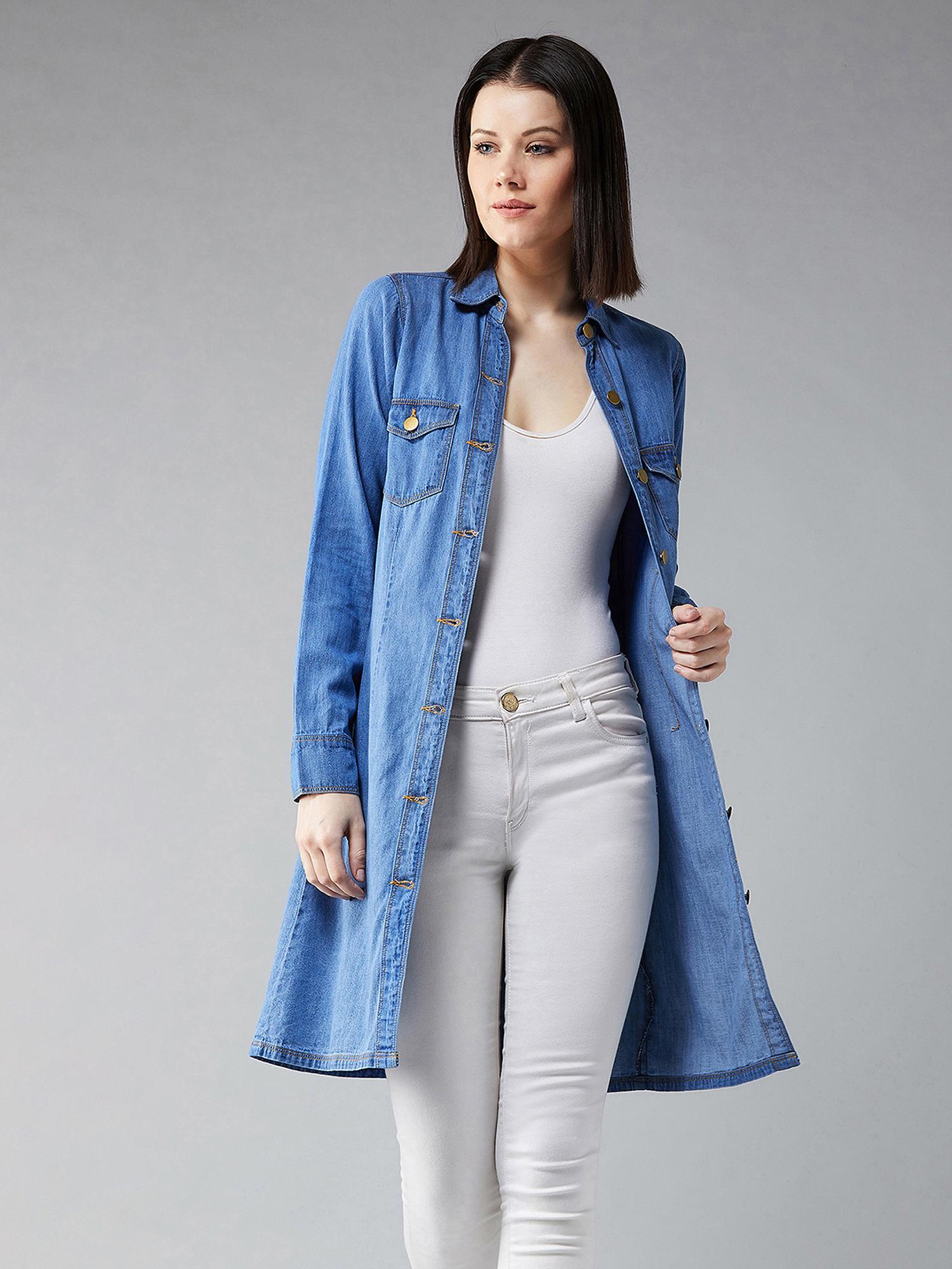 dolce crudo Womens Polo Neck Full Sleeves Denim Knee Long Jacket-picture-42