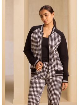 Alonge - Carbon Black Raglan Sleeve Houndstooth Zipper Jacket