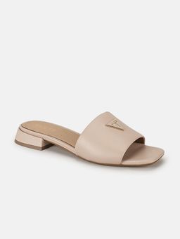 Guess - Women Beige Solid Slip On Square Toe Sandal Heels