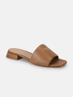 Guess - Women Tan Solid Slip On Square Toe Sandal Heels