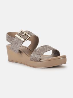Guess - Women Beige Printed Buckle Strap Open Toe Heels