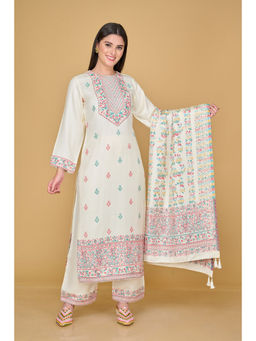 Safaa - Women Acro Wool Woven Unstitched Suit and Dupatta Color Cream (Set of 3)