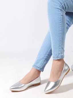 DENILL - Delite Women's Glossy Silver Pointed Toe Ballerina