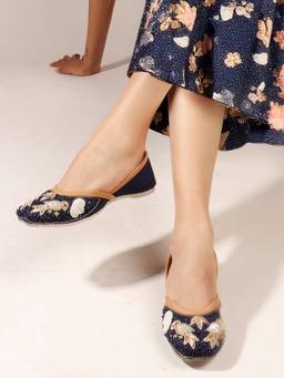 DENILL - Navy Blue Women's Embellished Juttis Pearl, Sequin