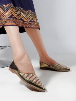 DENILL - Copper Women's Rhinestone Slip-On Juttis Elegant Party And Festive