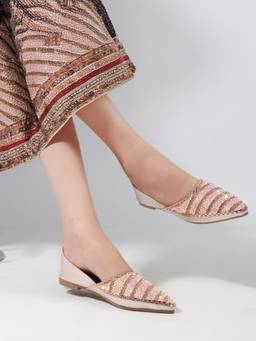 DENILL - Peach Women's Rhinestone Slip-On Juttis Elegant Party And Festive