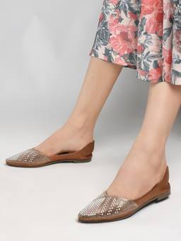DENILL - Women's Brown Embellished Juttis With Rhinestones And Beadwork