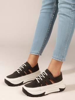 DENILL - Black Women's Casual Sneakers With Lace-Up Design, Cushioned Sole