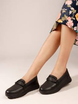 DENILL - Black Women's Casual Slip-On Loafers With Buckle Strap Detail, Cushioned Sole