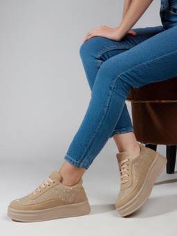 DENILL - Beige Women's Rhinestone Studded Sneakers With Lace-Up Closure