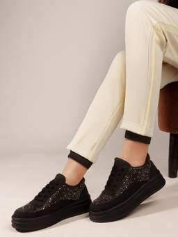 DENILL - Black Women's Rhinestone Studded Sneakers With Lace-Up Closure