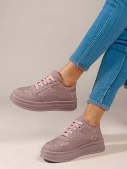 DENILL - Peach Women's Rhinestone Studded Sneakers With Lace-Up Closure