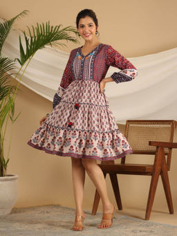 Juniper - Maroon Cotton Ethnic Motif Print Short Dress