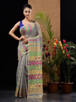 CHARUKRITI - Grey Handwoven Saree with Ethnic & Floral Designs