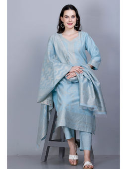 Kidar - Sky Blue Cotton Silk Floral Woven Kurta and Pant with Dupatta (Set of 3)