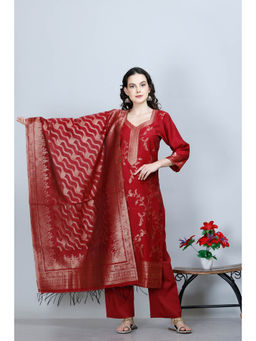 Kidar - Red Cotton Silk Floral Woven Kurta and Pant with Dupatta (Set of 3)