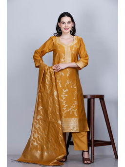 Kidar - Mustard Cotton Silk Floral Woven Kurta and Pant with Dupatta (Set of 3)