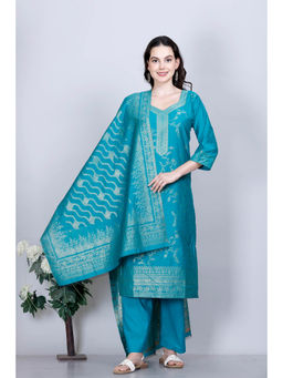 Kidar - Turquoise Color Cotton Silk Floral Woven Kurta and Pant with Dupatta (Set of 3)