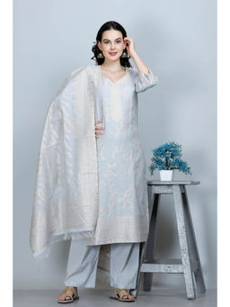 Kidar - Grey Cotton Silk Suit Floral Woven Kurta and with Dupatta (Set of 3)