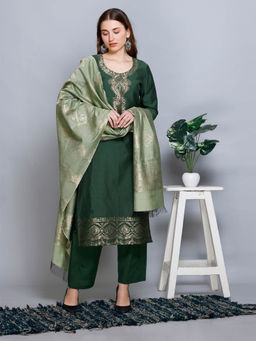 Kidar - Cotton Silk Green Woven Kurta and Pant with Dupatta (Set of 3)