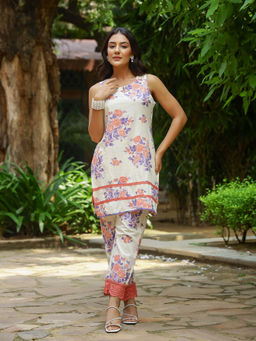 Baisacrafts - Beige Floral Printed Cotton Kurta with Pant (Set of 2)