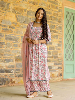 Baisacrafts - White Pink Floral Printed Cotton Kurta with Pant and Dupatta (Set of 3)