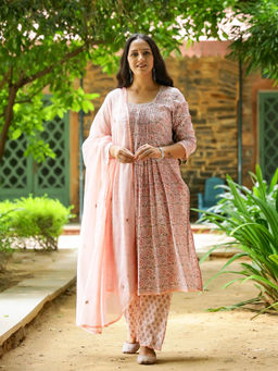 Baisacrafts - Peach Floral Printed Cotton Kurta with Pant and Dupatta (Set of 3)