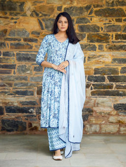 Baisacrafts - Aqua Blue Floral Printed Cotton Kurta with Pant & Dupatta (Set of 3)