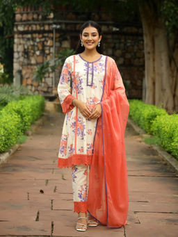 Baisacrafts - Ivory and Orange Floral Printed Cotton Kurta with Pant & Dupatta (Set of 3)