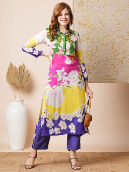 FASHOR - Multi-Color Floral Printed Straight Fit Kurta with Pant (Set of 2)
