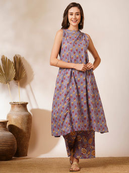 FASHOR - Lavender Floral Printed A-Line Fit Kurta and Palazzo (Set of 2)