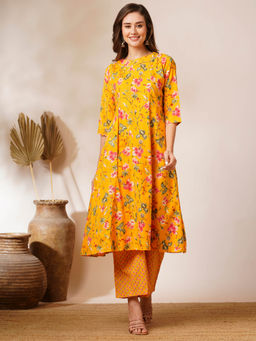 FASHOR - Yellow Floral Printed A-Line Anarkali Kurta with Palazzo (Set of 2)