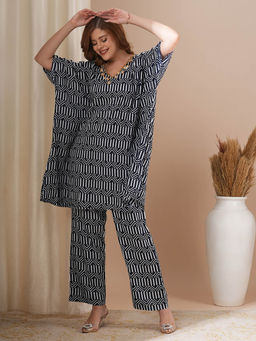 FASHOR - Black Geometric Printed and Sequenced Kaftan Kurta with Pant (Set of 2)